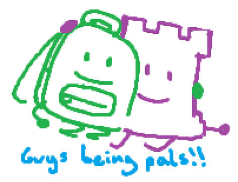 Liam from ONE and Rook from Brawl of the Objects sitting down together with their arms on each other, smiling blankly. The bottom reads, "guys being pals!!"